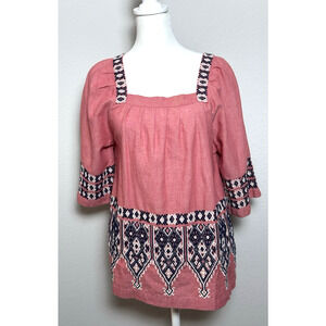 Calypso St Barth Tunic, Boho Embroidered Top, Salmon Pink, Resort Wear (S)